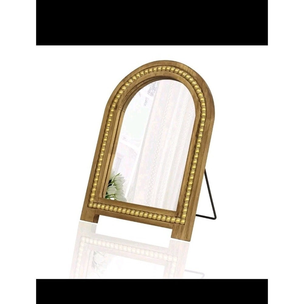 Farmhouse Vintage Arched Wood Vanity Mirror Gold Pearl Tracing 8.66x11.8